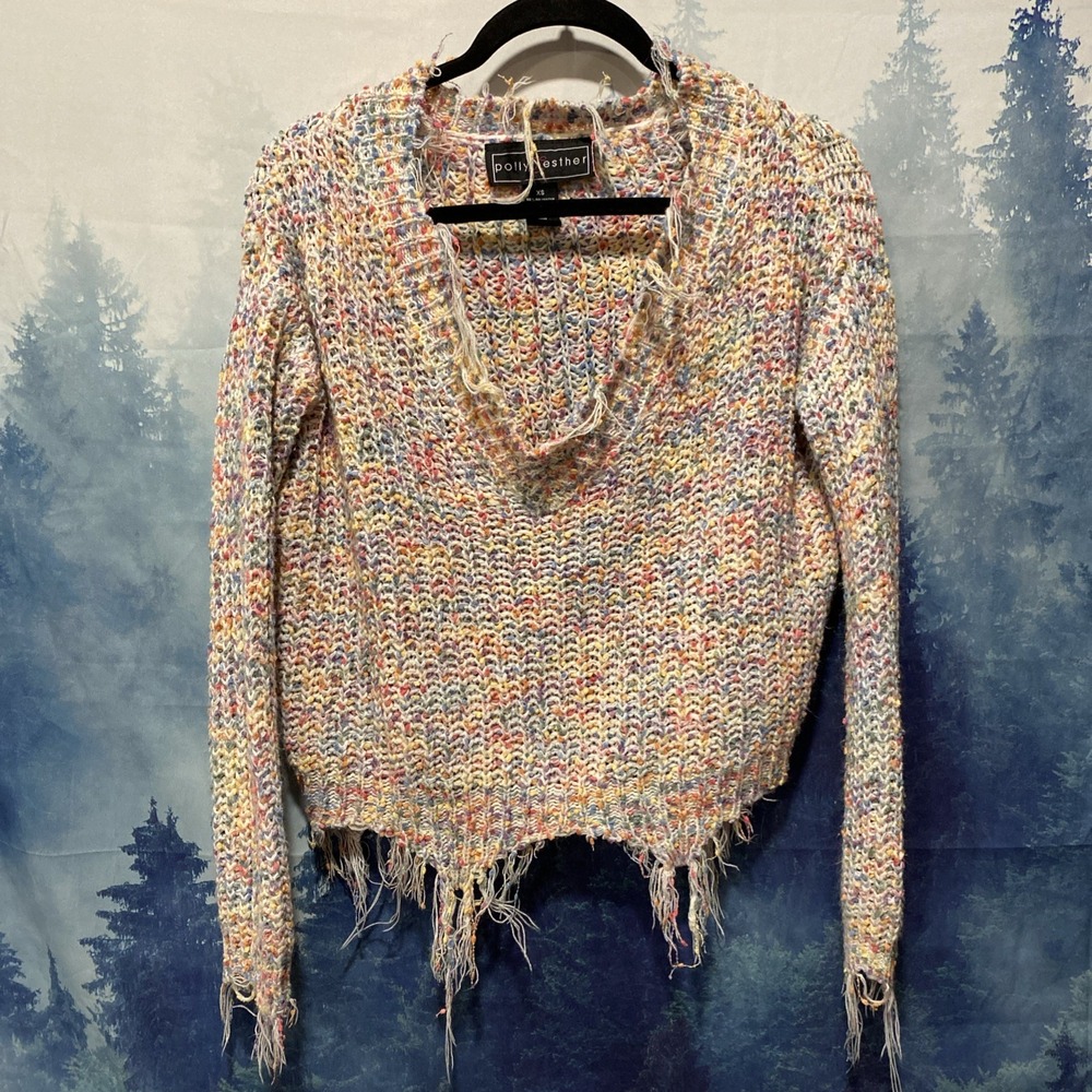 Polly & Esther Womens XS Confetti Knit Frayed Sharkbite Hem V-Neck Sweater Multi